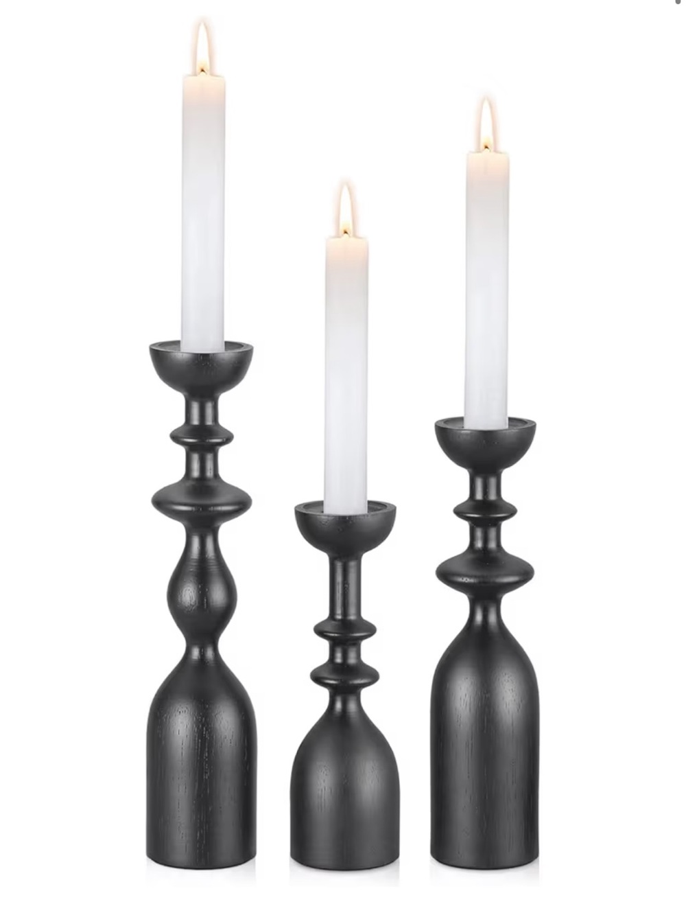 Set of 3 Black Wood Turned Taper Candle Holders